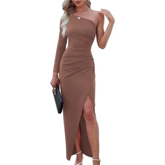 Womens One Shoulder Long Sleeve Cocktail Bodycon Side Slit Maxi Dress Brown NWT - Picture 1 of 6